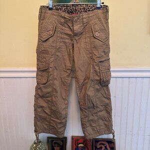 Almost Famous Womens Cargo Pants Khaki Cotton With Leopard Print 1